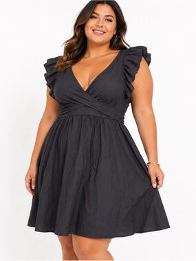 Black Flutter Sleeve Wrap Front One Piece Swim Dress Swimsuit XL